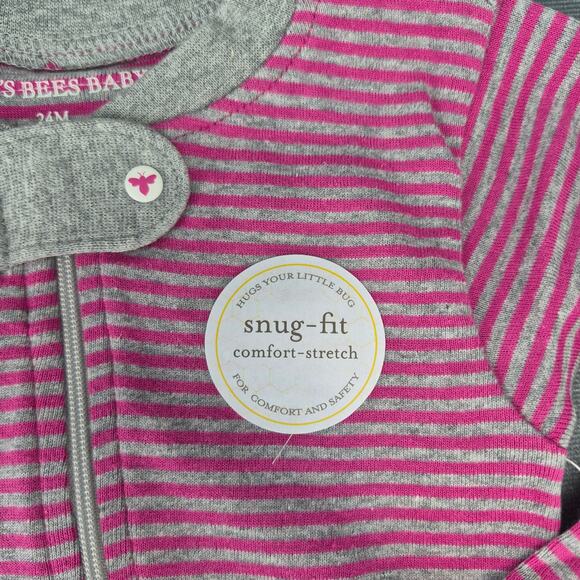 Burts Bees Baby Organic Cotton Baby One Piece Sleeper Striped Pink & Gray 24M - Picture 4 of 9
